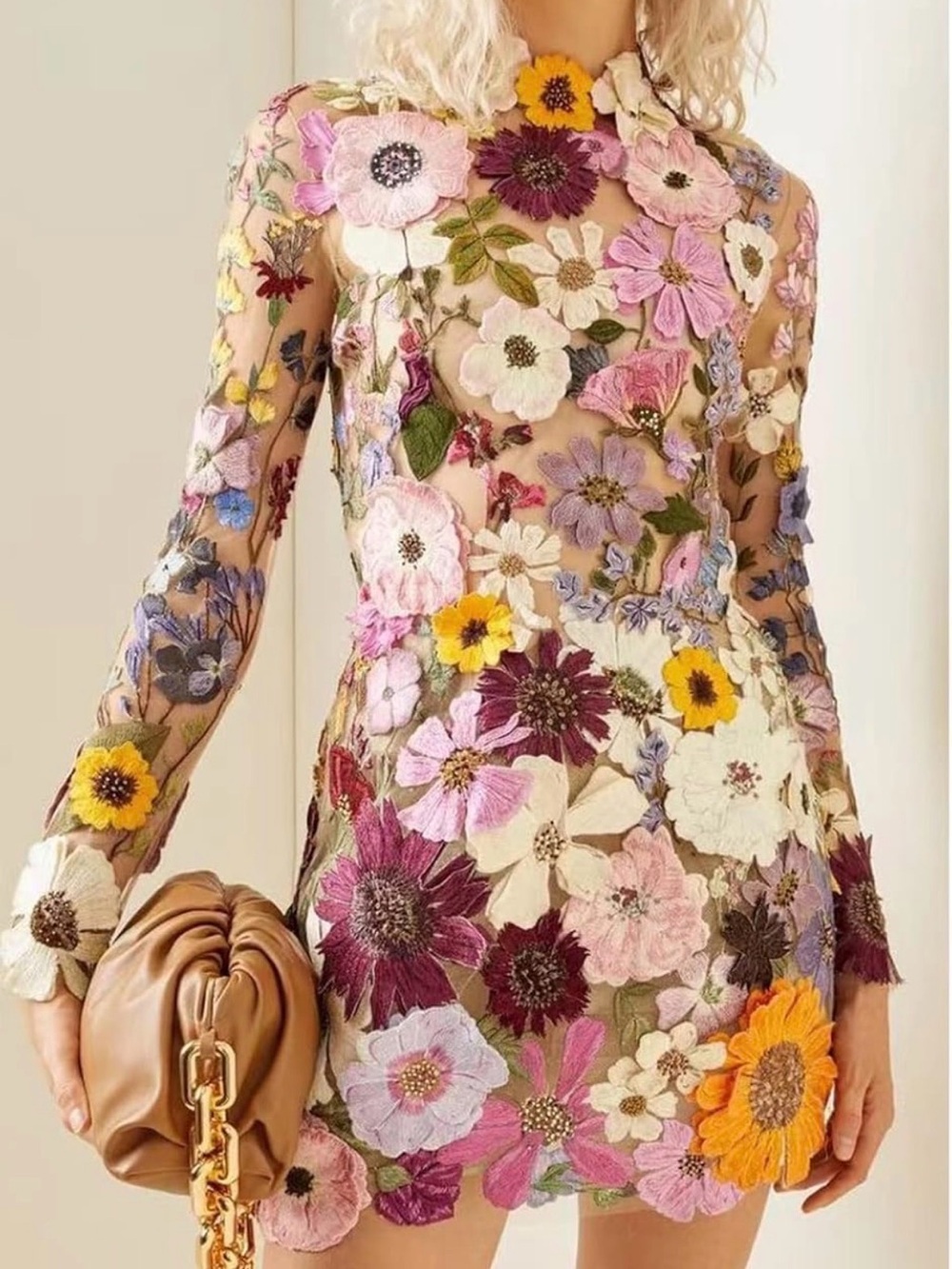 Floral Embroidered Sheer Long-Sleeve Mini Dress - Multicolor